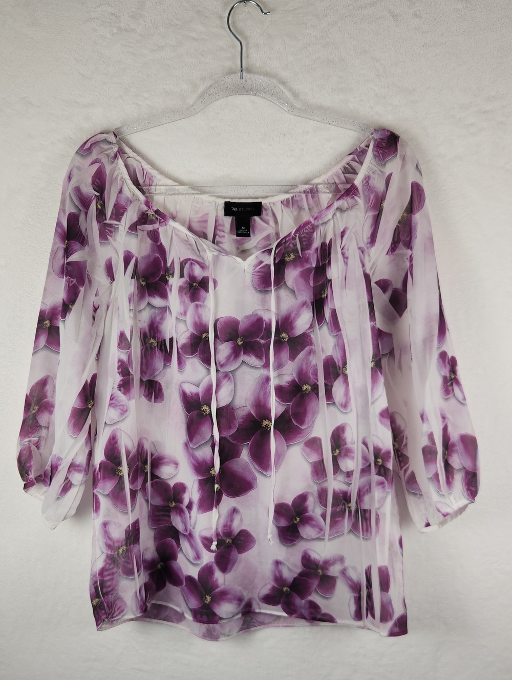 AB Studio White Sheer Blouse with Purple Floral Print And 3/4‎ Sleeves Medium